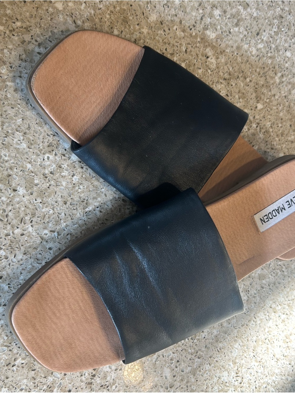Steve Madden Black Wide-Band Leather Slide Sandals